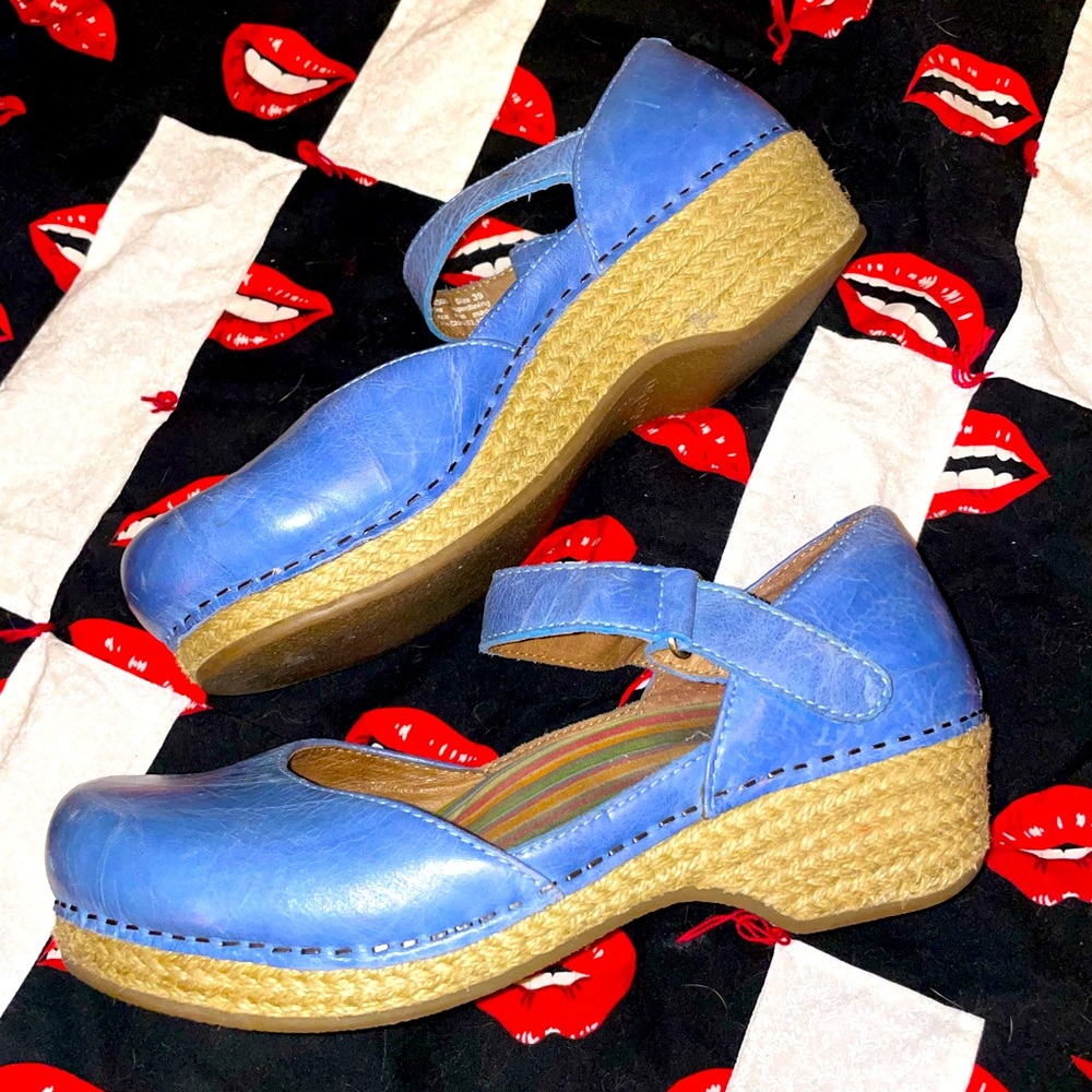 Dansko Light Blue Genuine Leather Ankle Strap Comfort Mary Jane Clog Shoes